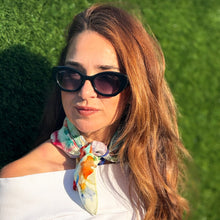 Load image into Gallery viewer, Celestia Silk Scarf made from 100% crepe de chine silk, featuring a delicate hand-illustrated watercolor pattern in soft, celestial tones. It can be styled as scarf, bandana or bag accessory.