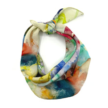 Load image into Gallery viewer, Celestia Silk Scarf made from 100% crepe de chine silk, featuring a delicate hand-illustrated watercolor pattern in soft, celestial tones