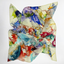 Load image into Gallery viewer, Celestia Silk Scarf made from 100% crepe de chine silk, featuring a delicate hand-illustrated watercolor pattern in soft, celestial tones