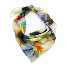 Load image into Gallery viewer, Celestia Silk Scarf made from 100% crepe de chine silk, featuring a delicate hand-illustrated watercolor pattern in soft, celestial tones