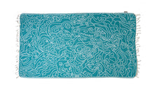 Load image into Gallery viewer, Blue cotton double sided Turkish Towel | Pestemal | Illustrated blue print beach towel | Turquoise beach accessories