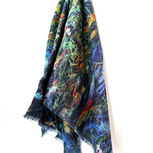 Neverland Blue floral ablstract pattern wool silk blend scarf, winter fashion accessories