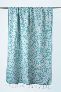 Azul cotton Turkish Towel | Pestemal | Illustrated blue print beach towel | Turquoise beach accessories