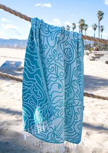 Azul cotton double sided Turkish Towel | Pestemal | Illustrated blue print beach towel | Turquoise beach accessories