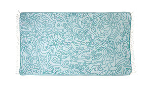Blue cotton double sided Turkish Towel | Pestemal | Illustrated blue print beach towel | Turquoise beach accessories