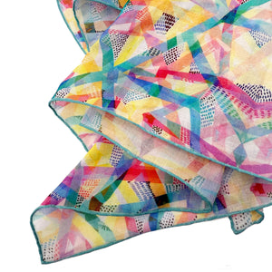 Hand-illustrated cotton bandana with colorful neon floral pattern, detail. eco-friendly and sustainably made