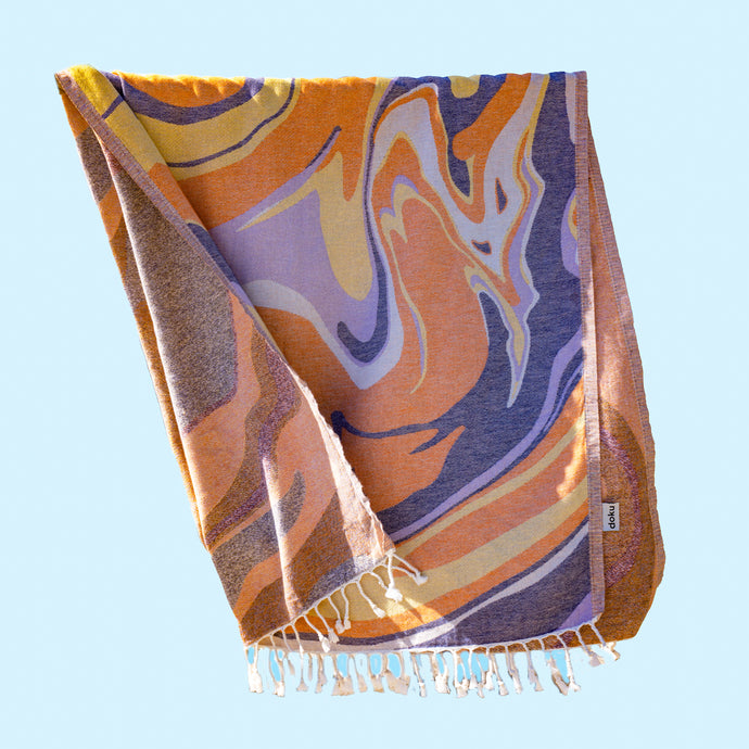 Sway cotton double-sided Turkish Towel | Pestemal | Illustrated print beach towel | Marbling art pattern