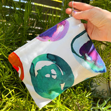 Load image into Gallery viewer, Watercolor rainbow marbles illustrated canvas pouch zipper bag wallet style shoot
