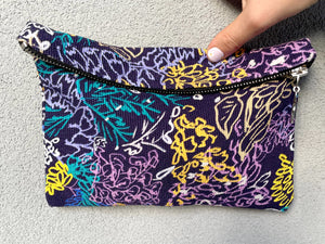 blue dream canvas zipper bag pouch, illustated floral print canvas bag
