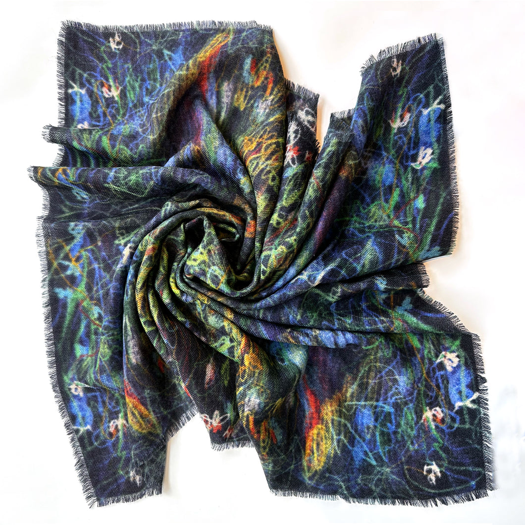 Neverland Blue floral ablstract pattern wool silk blend scarf, winter fashion accessories
